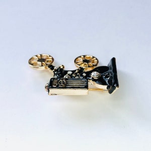 Gold-tone Black Enamel Rhinestone Vintage Movie Projector Reel to Reel Film Brooch Pin Jewelry Film lover gift idea A1523 image 2