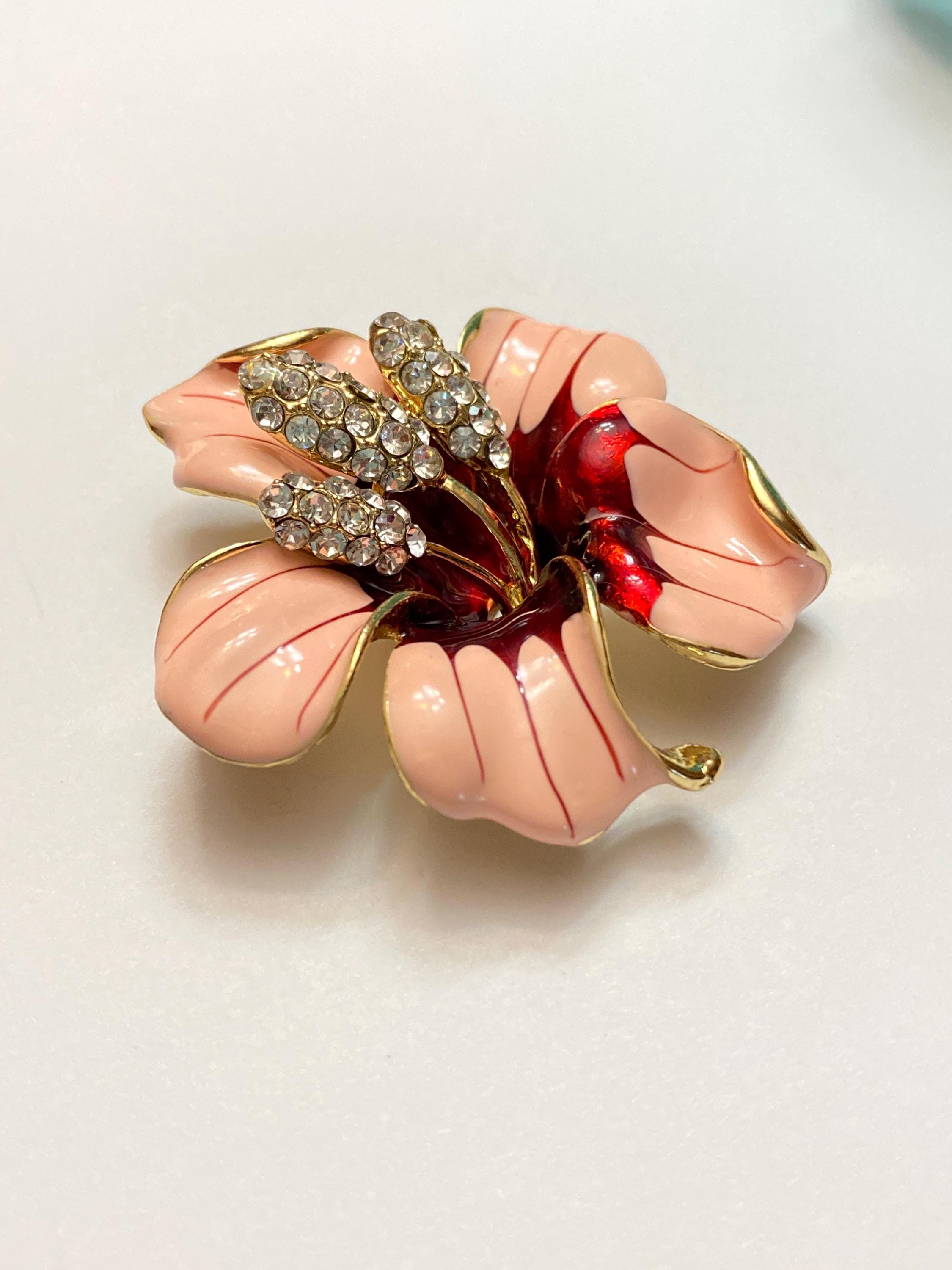 Pink Hawaiian Hibiscus Rhinestone Flower Floral Brooch Lapel