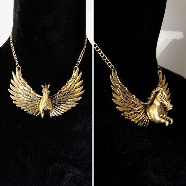 BIG LARGE Gold-tone 3D Pegasus Horse with Wings Oversize Statement Choker Pendant Necklace Pegasus lover Jewelry A1253
