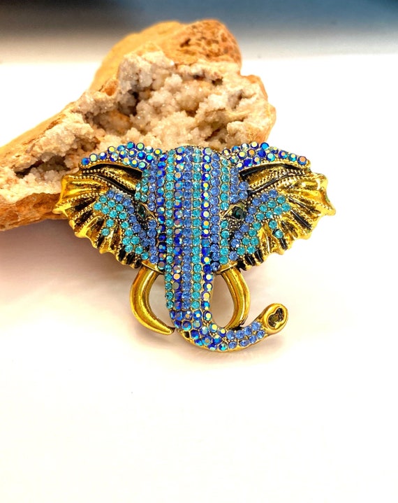 Blue Elephant Adorable Large Statement Oversize Rhinestone