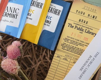 Letterbox Gift - Personalised Library Card Bookmark, Dried Flower Bouquet and Tea Selection