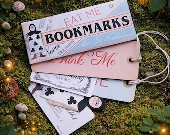 Alice in Wonderland Bookmark Collection - Pack of Five, Drink Me, Eat Me, Card Man, Mad Hatter's Invitation, W Rabbit's Business Card