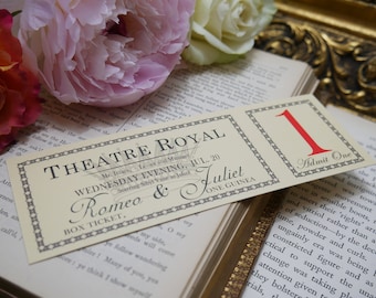 May include: A vintage theater ticket for Romeo and Juliet, printed on cream paper with black and gray borders. The ticket is for Wednesday evening, July 20, and costs one guinea. The ticket is labeled "Box Ticket" and has the number "1" printed in red.