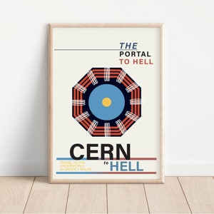 May include: A poster featuring a graphic design of a circular portal with red and blue rings. The text "THE PORTAL TO HELL" is at the top of the poster. The text "CERN to HELL" is at the bottom of the poster. The text "TRAVEL TO THE UNDERWORLD IN UNDER 3 HOURS" is below the text "CERN to HELL".