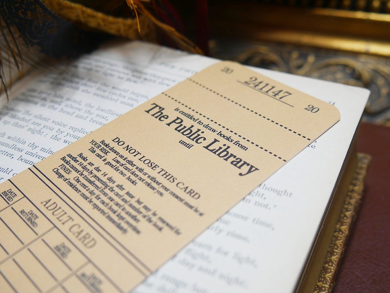 May include: A vintage-style library card with the text "The Public Library" and "DO NOT LOSE THIS CARD". The card number is 241147.