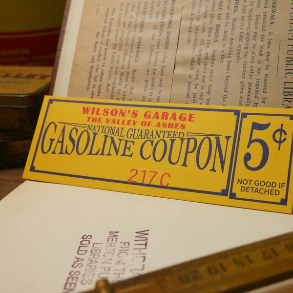 The Great Gatsby Bookmark - Cupón de gasolina vintage de Wilson's Garage