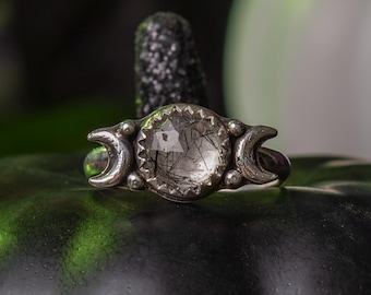 MADE TO ORDER - Lunar Eclipse - Black Rutilated Quartz Sterling Silver Ring with Crescent Moon Detail