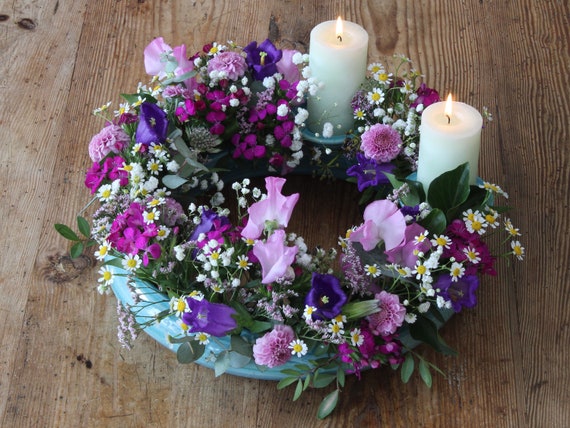 Blumenring für Stumpenkerzen türkis