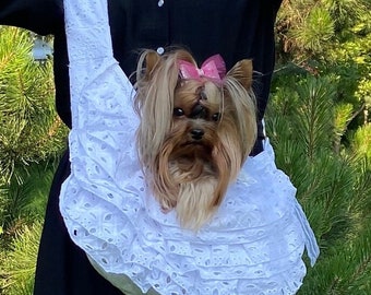 Small dog carrier ruffles white , Carrying bag for teacup dogs to be married in