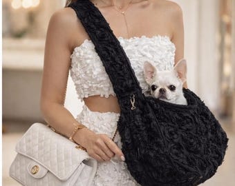 Black Dog Carrier Sling, 3D Rose Pet Purse, Small Dog Crossbody Bag