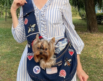 Small dog carrier denim with patches