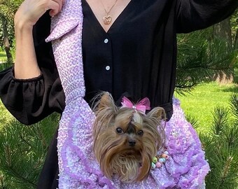 Tweed small dog carrier ruffles , Lavender tweed dog mom bag