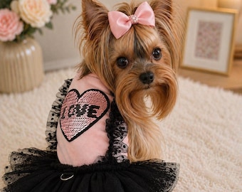 Velvet Dog Dress: Pink Top, Black Tulle Skirt, Sequin Heart