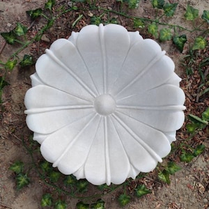 May include: A white marble decorative bowl with a flower petal design. The bowl is round and has a central circular indentation. The bowl is surrounded by green ivy.