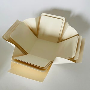 May include: A cream-coloured paper box with a unique folded design. The box is open and the inside is visible.