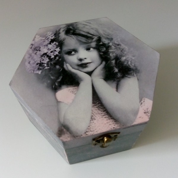 Hexagonal box. Sweet girl.Vintage