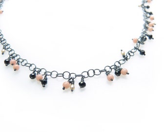 Collier noir en argent 925 avec spinelle, onyx et corail