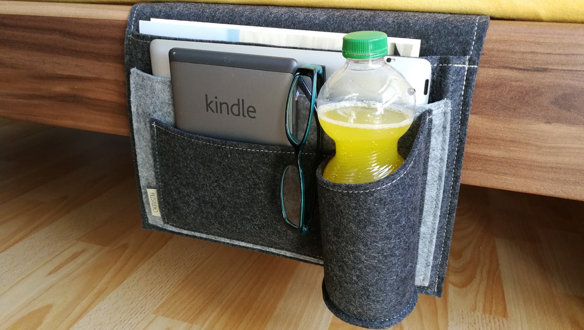 Bett Organizer Tasche Grau - Baumwoll-Leinen Aufhänge-Organizer Für Bücher & Handy