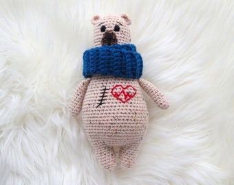 Heart Surgery Bear Stuffed animal with heart scar Crochet CHD Awareness doll Heart Warrior plushies Personalized Baby nephew gift Scar Buddy