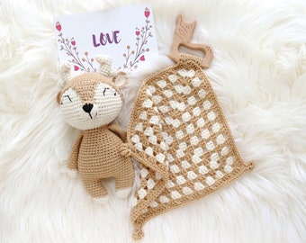 Personalized Welcome baby gift set Stuffed deer doll and Crochet fawn lovey New niece nephew gift Security blanket Newborn Gender neutral