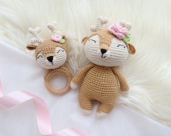 Crochet animals for baby Stuffed deer doll and rattle fawn organic cotton New niece gift Woodland animals