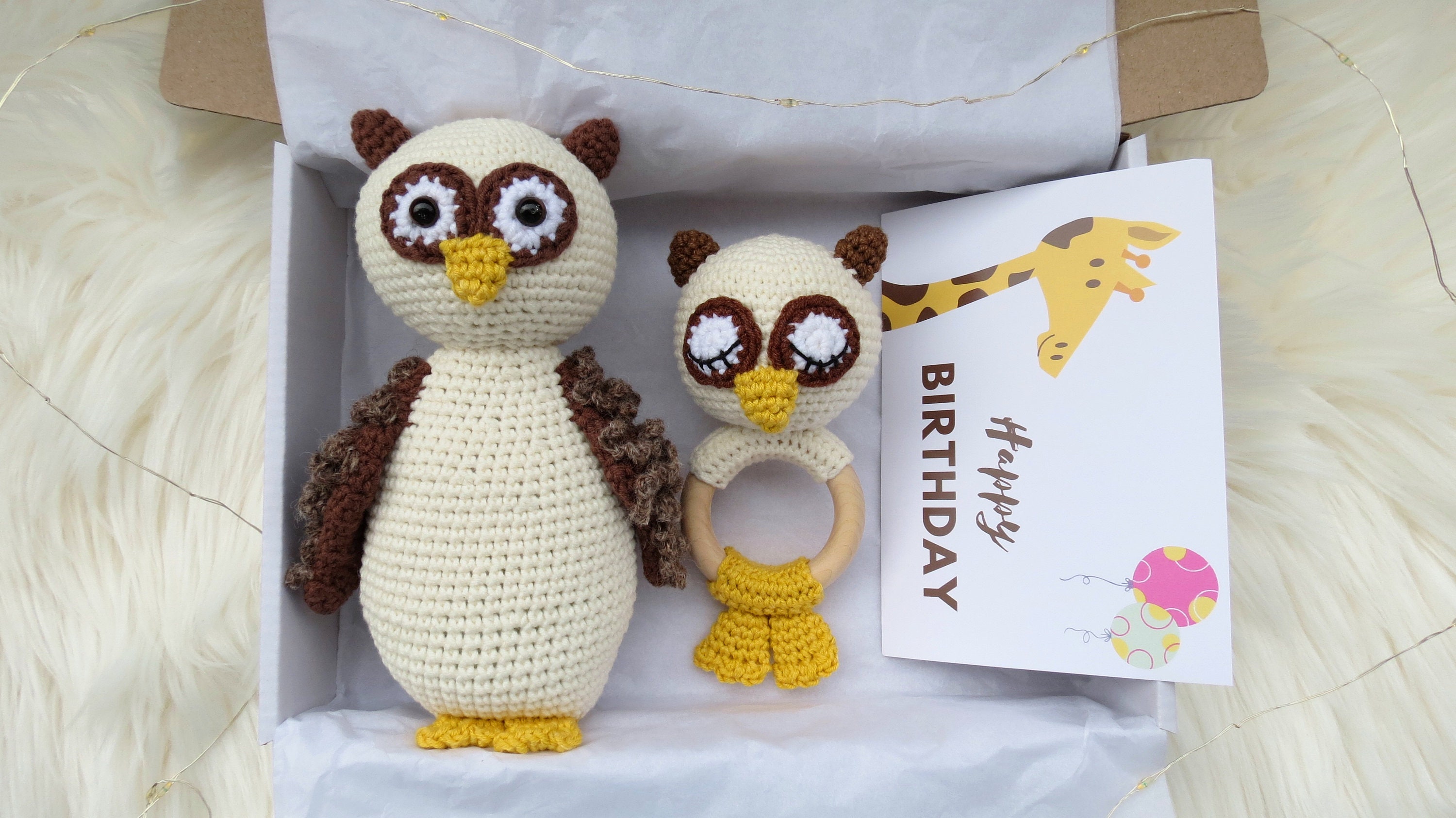 Stuffed Owl Doll and Baby Owl Rattle. Gender neutral newborn gift box. New nephew or niece gift. Cro