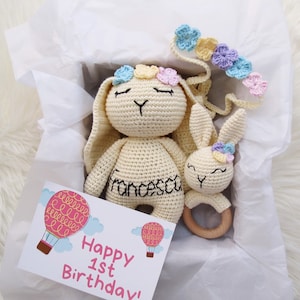 1st Birthday niece gift Easter Bunny rattle baby Personalized rabbit gift Cotton stuffed toys Crochet woodland animals girl