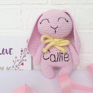 Personalized crochet bunny, Stuffed Woodland animal, New baby girl gift, Christmas gift Pink rabbit for newborn niece, Made in Ukraine