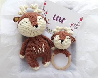 Crochet cerf et hochet nouveau-né animal en peluche personnalisé nouvelle nièce neveu cadeau ensemble automne animaux des bois cadeau de bébé de Noël