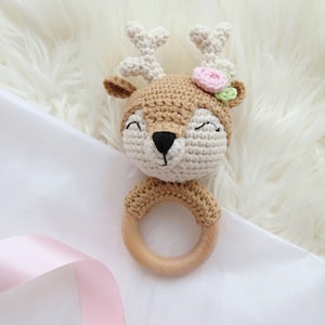 Crochet rattle Deer Stuffed fawn organic cotton New girl coming home gift box Woodland animals Crochet baby toys Christmas gift