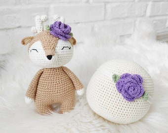 Stuffed deer doll and baby girl flower headband Custom colors Crochet animals for baby organic cotton New niece gift Woodland animals