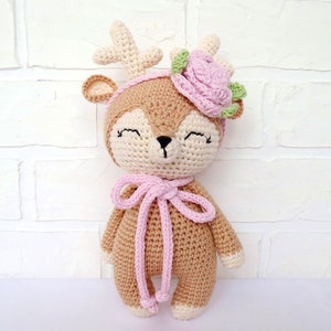 Cute deer stuff animal with flower headband Baby girl gift basket Newborn photo prop Woodland nursery decorKids valentine