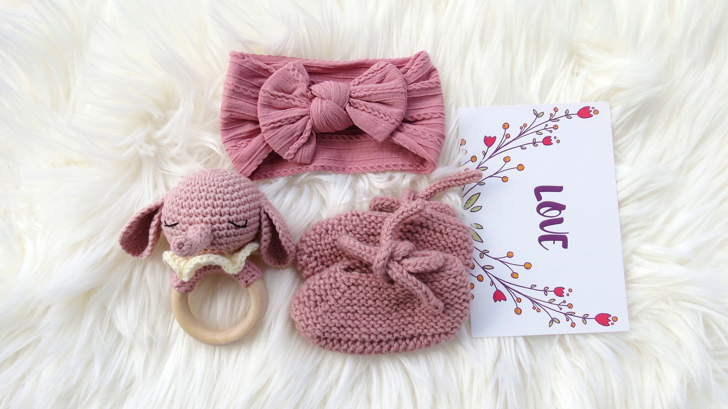 Pink Elephant Baby Girl Gift Set Rattle Knit Booty and Headband Bow New ...