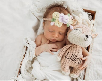 Personalized stuffed deer and floral headband Newborn photo prop Woodland animals Crochet toys for baby girl New niece gift Kids valentine