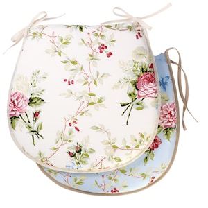 Pair of seat pads with zip and ties. D shaped chair pad with English Rose Pattern