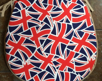 Union Flag chair pad. Kitchen Dining room chair pads with zip and ties.  D shaped seat pad.