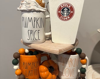 SET-Rae Dunn Pumpkin mugs, acorn wooden beaded garland, faux whip, and apple cider wooden sign Tiered Tray Decor Bundle. Three mug set