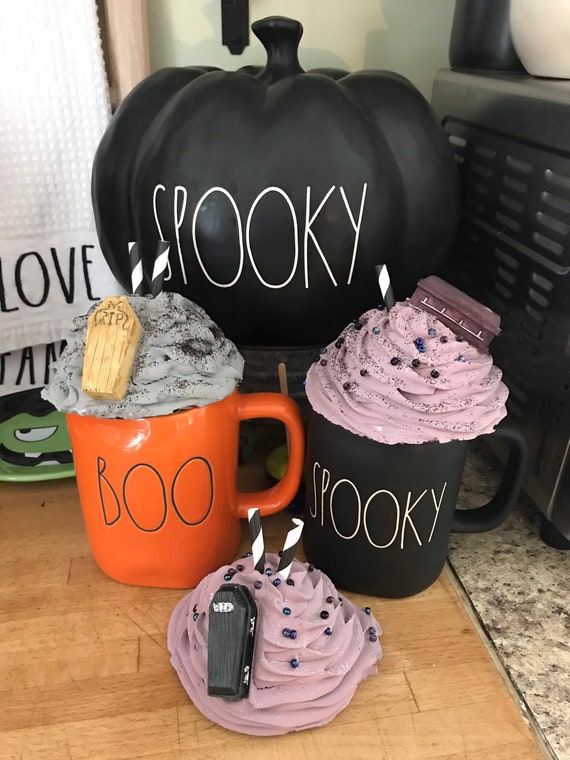 Halloween Tiered Tray Decorations with Faux Whipped Cream Mug Toppers