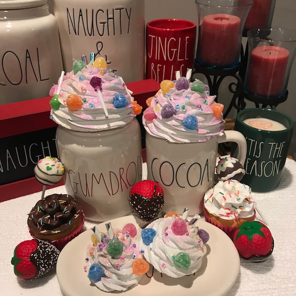 Goodie Gumdrops Candy Fake Faux Whipped Cream Mug Topper Rae Dunn Inspired Tiered Tray Decor Christmas Winter Holiday Sprinkles Gingerbread