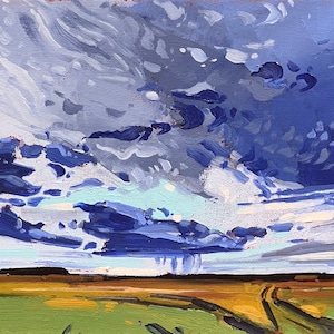 May include: An original oil painting depicting a stormy sky with dark blue and grey clouds. The landscape below shows a field of green and yellow with a dirt track leading to the horizon. The artwork is signed in the bottom right corner.