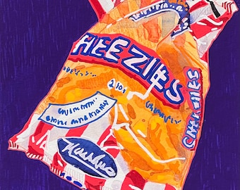 Op de afbeelding: Een levendige illustratie van een snackzak met het label HEEZIES in dikke blauwe letters. De zak heeft rode en witte strepen, oranje snackinhoud en een donkerblauw ovaal logo tegen een getextureerde, dieppaarse achtergrond met een handtekening.