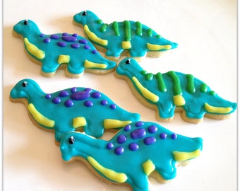 Dinosaur Sugar Cookies Iced Decorated Cookies Jurassic Theme Party Favors Blue Brontosaurus First Birthday