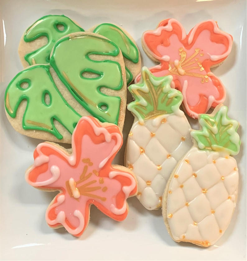 Tropical Sugar Cookies Palm Leaf Decorated Cookies Hibiscus Etsy
