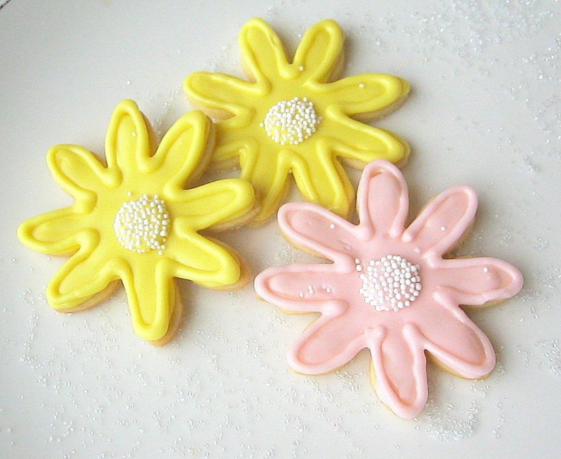 Daisy Sugar Cookies Pink and Yellow Floral Decorated Cookies Thank You Gift Spring Shower Favor image 1