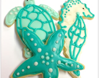 Decorated Sugar Cookies Sea Life Turtle Seahorse And Starfish Iced Cookie Aqua Teal