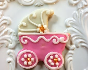 Baby Carriage Sugar Cookies Pink Iced Baby Shower Cookie Favor Pink Pram