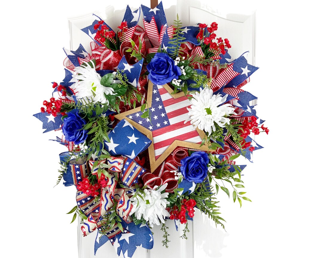 Patriotic Front Door Wreath, Red White and Blue Wreath 4th of July ...