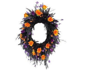 Luxury Halloween Wreath | Black Glitter Fall Wreath | Orange Rose Front Door Decor | Gothic Halloween Wreath | Handmade Large Wreath