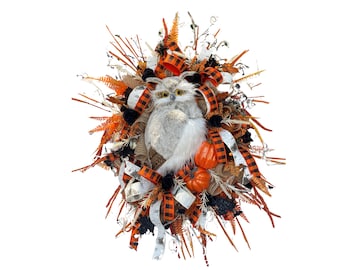 Fall Owl Wreath, Handmade Halloween Wreath, Autumn Door Decor, Owl Themed Wreath, Harvest Home Decoration, Rustic Fall Wreath, XL  wreath.