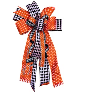Extra Large Halloween Bow Wreath Attachment, Orange Polka Dot Harlequin Ribbon, Front Door Décor, Handmade Accent, BOW ONLY